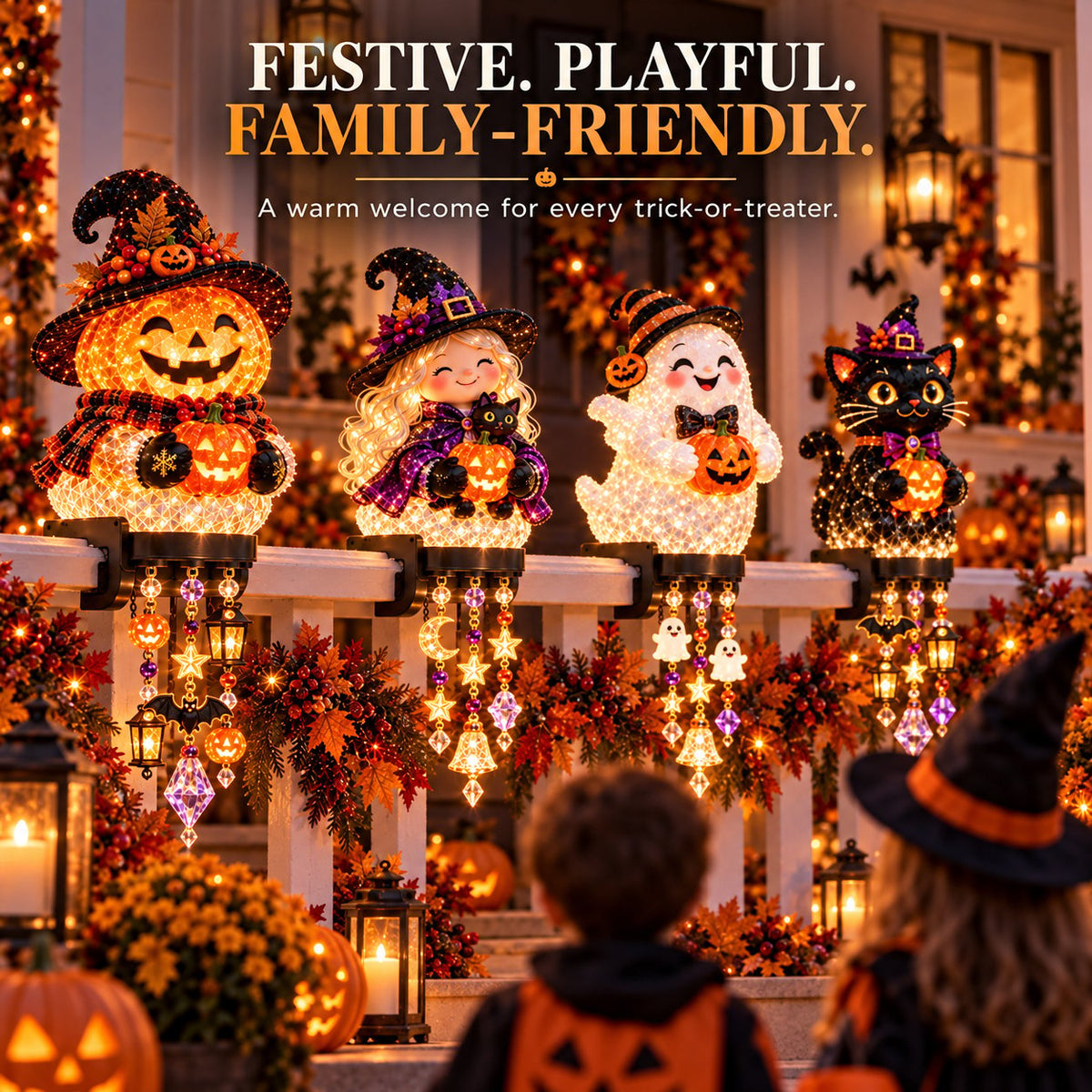 π Halloween Porch Magic Cascade Railing Lights β Pumpkin, Witch, Ghost & Black Catππ