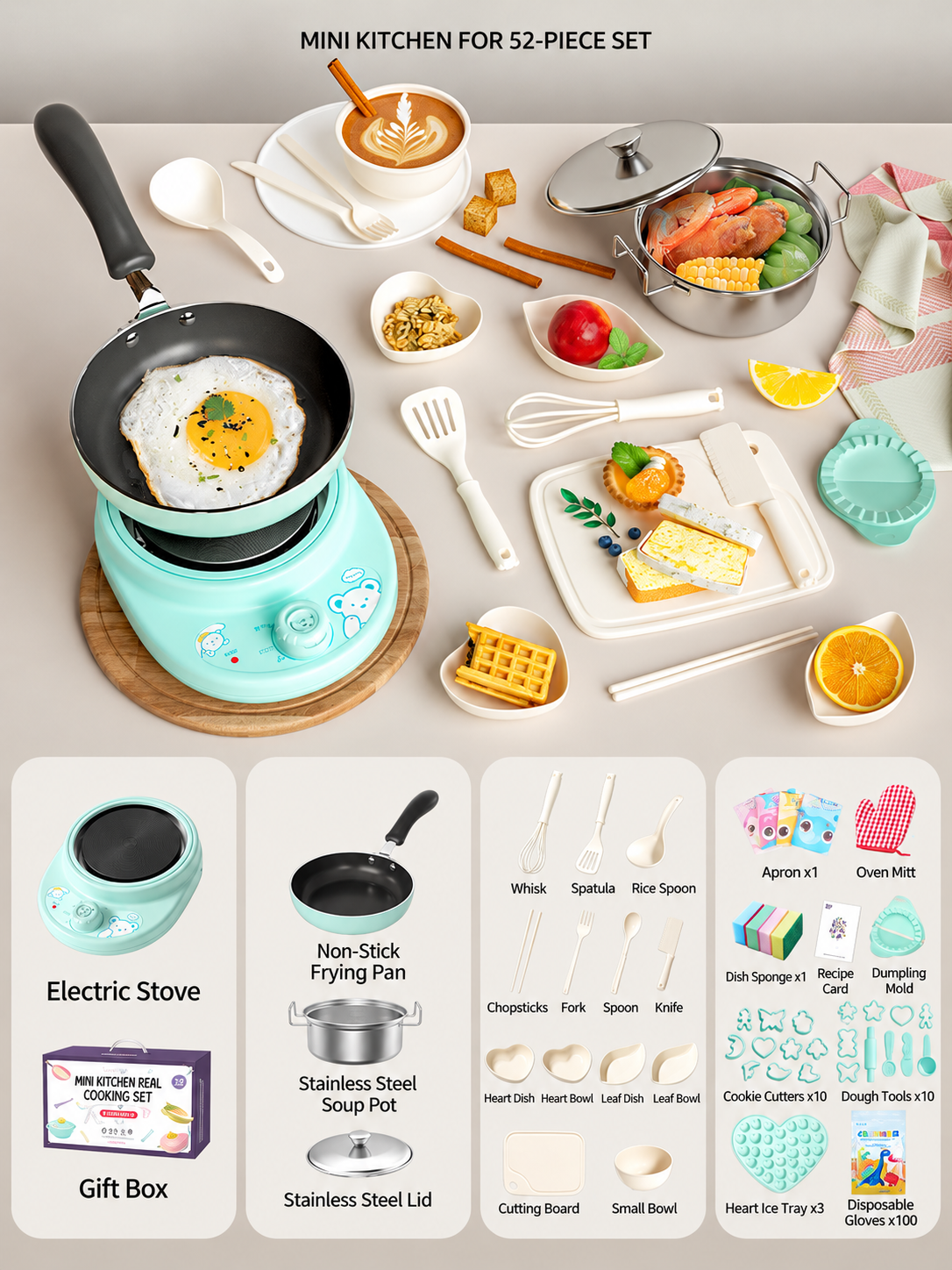 52-Piece Kids’ Mini Real-Cooking Kitchen Set with Electric Stove & Cookware