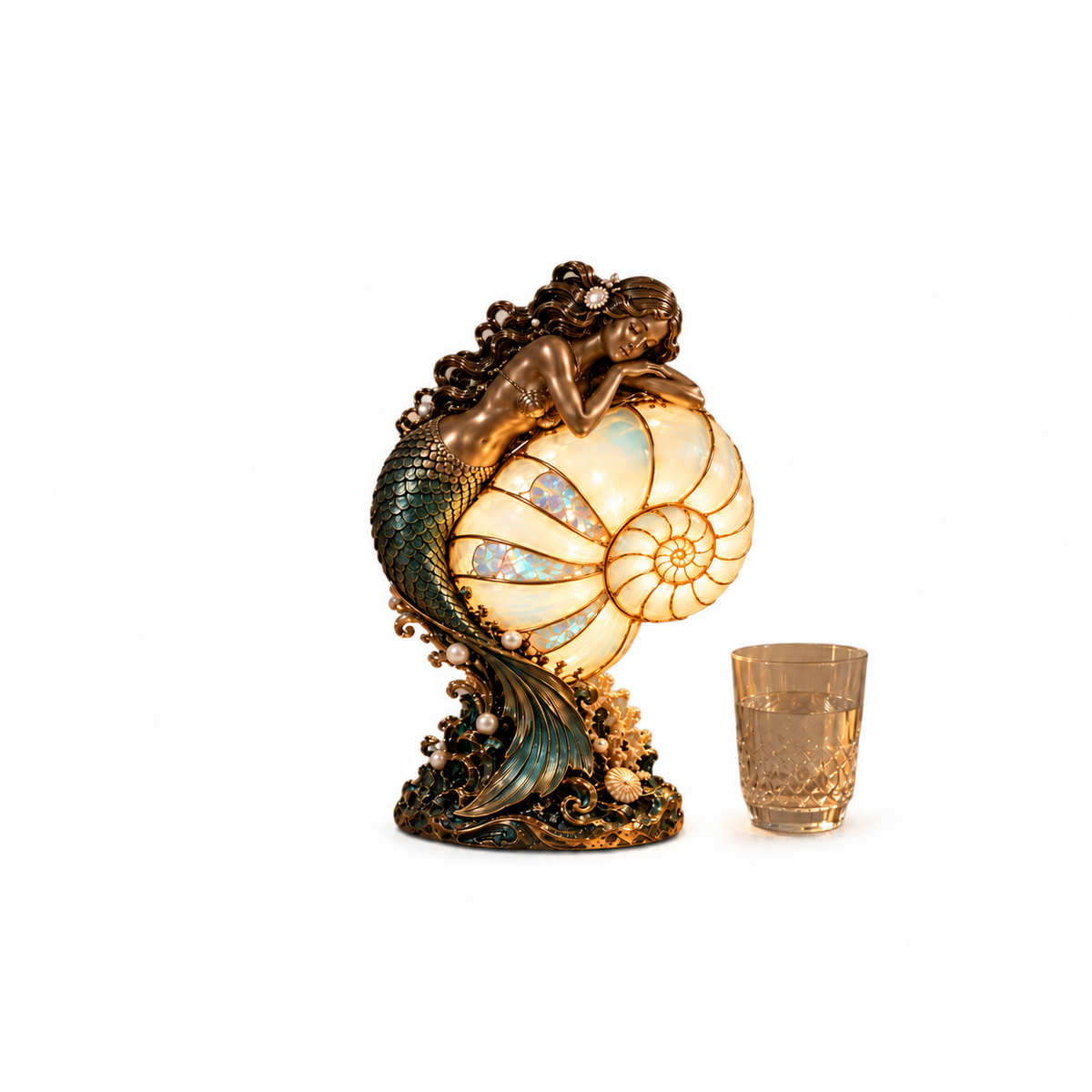 🧜♀️ Cast a Magical Ocean Glow! Vintage Mermaid Nautilus Stained Glass Ambient Lamp