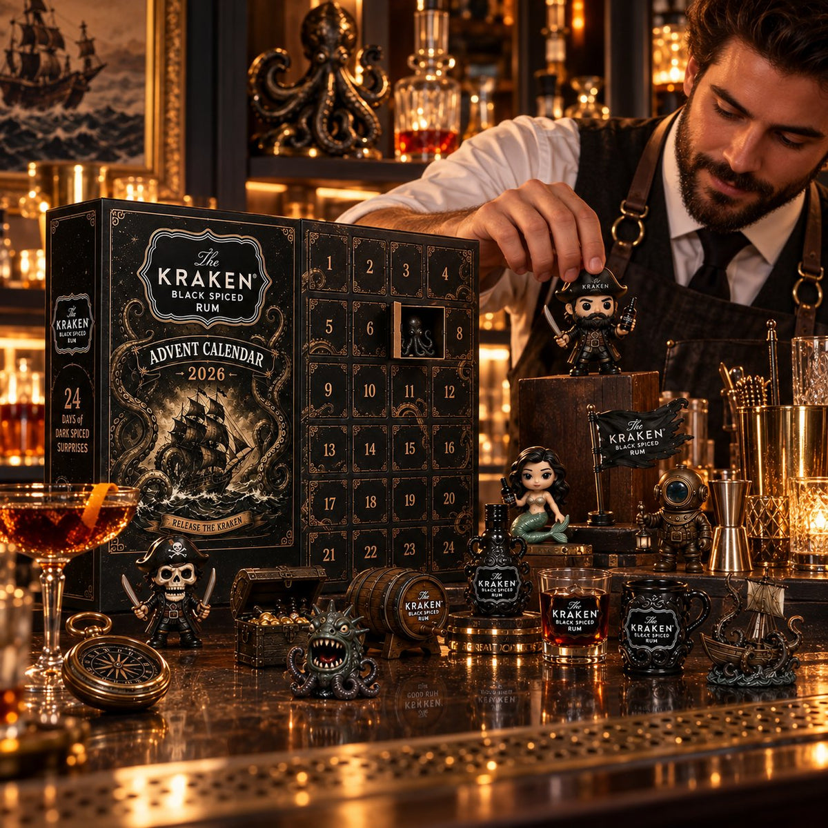 24-Day Kraken Rum Mini Bottle Advent Calendar Set for Holiday Bar Table Display, Rum Lover Collectible Gift, Christmas Countdown & Festive Decoration