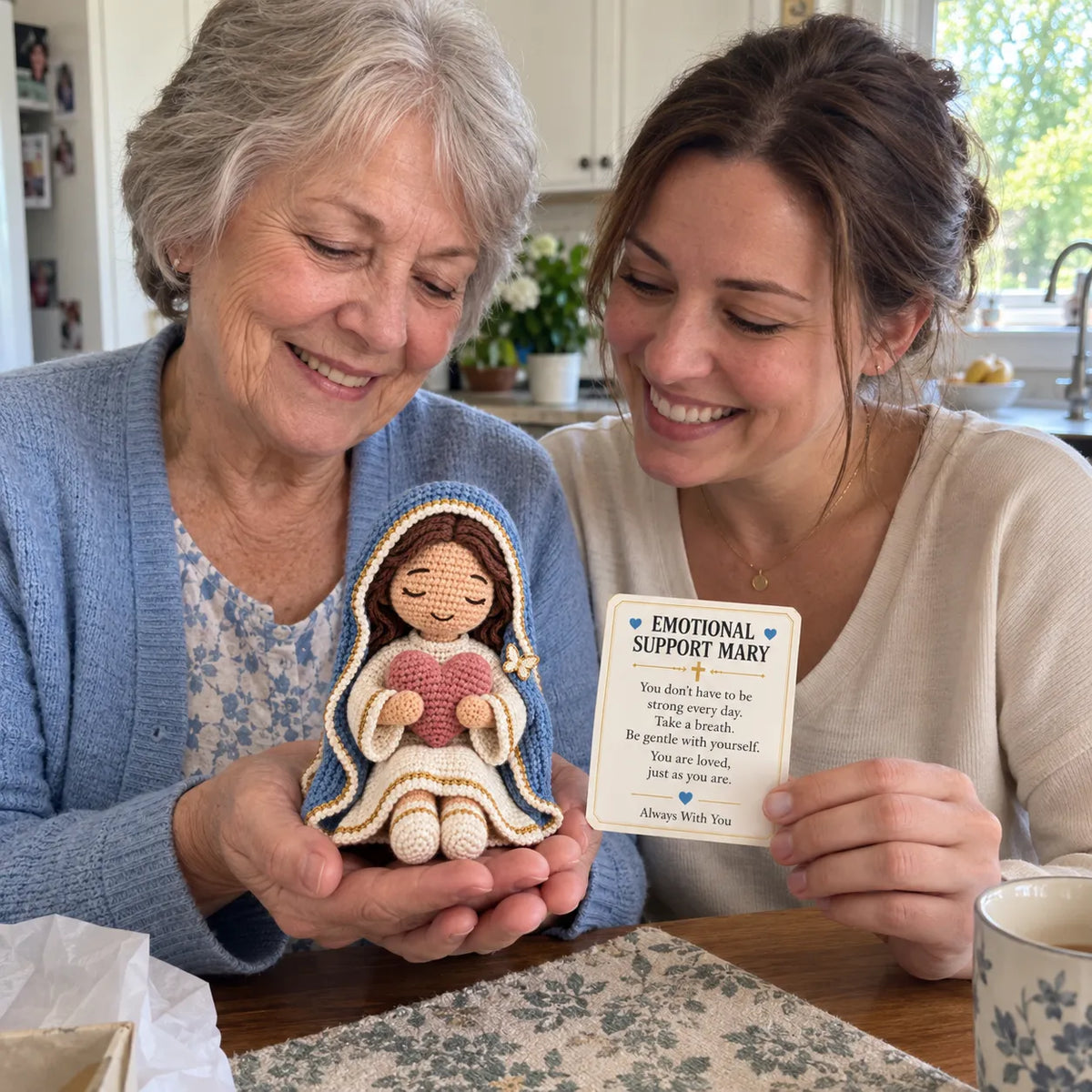 ⏳ Last Day 49% OFF –💙Always With You Mary Comfort Doll | Handmade Crochet Companion Holding A Heart with Encouragement Card ✨