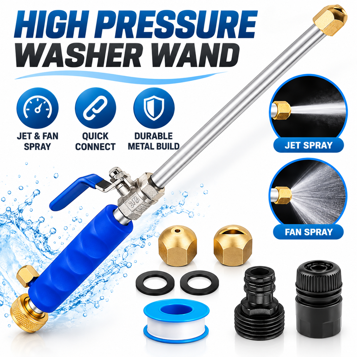💧 High-Pressure Long-Reach Garden Hose Spray Wand with Jet & Fan Tips 🌿