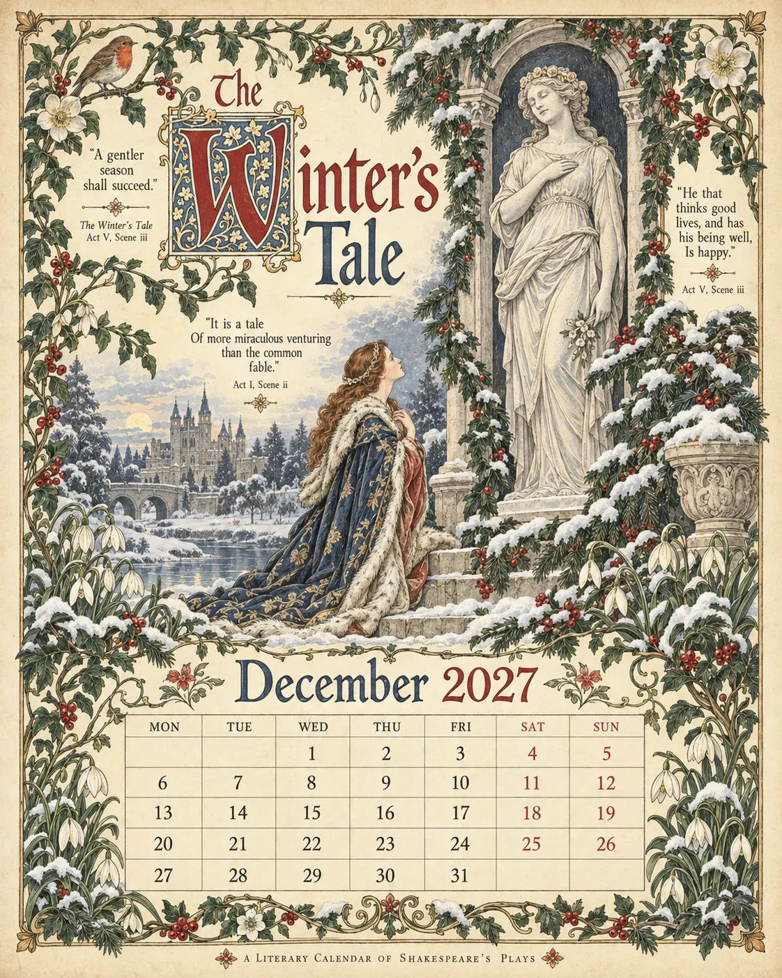 A Shakespearean Year 2027 โ 12 Plays Through the Seasons | Vintage Illustrated Wall Calendar