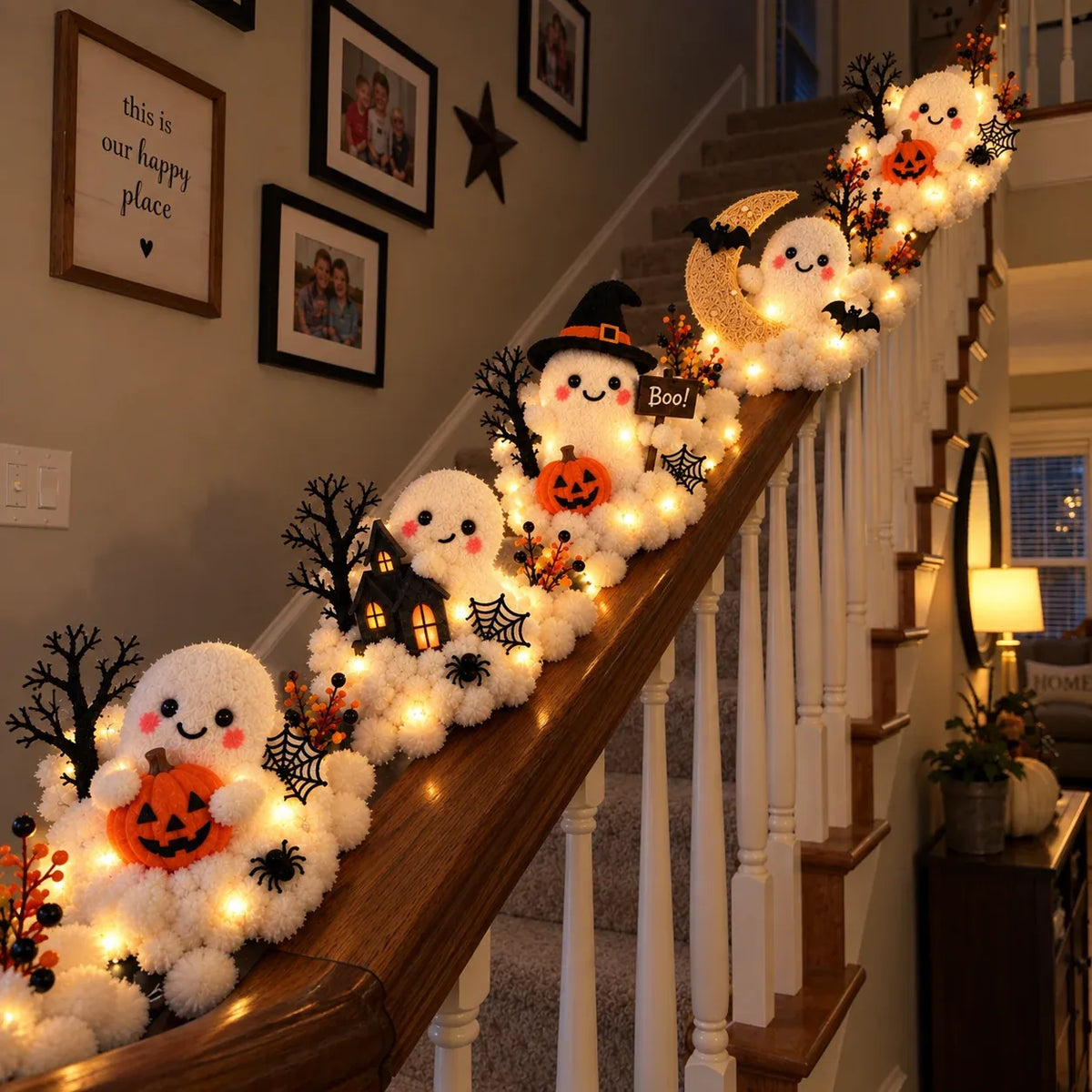 ⏳ Last Day 49% OFF – 👻 Glowing Ghost Staircase Decor | 5 Playful Halloween Characters for Railings, Mantels & Entryways 🎃