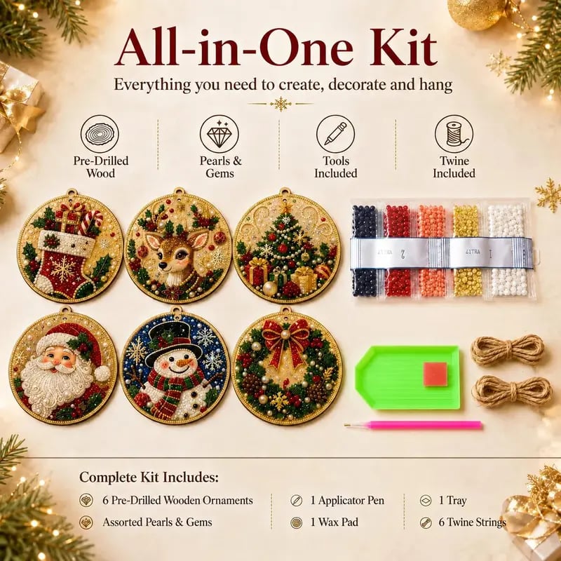 β³ Last Day 49% OFF β πBeginner-Friendly Christmas Pearl & Gem Diamond Painting DIY Kit | 6 Festive Ornament Designs with Sparkling Pearls, Faceted Gems & 3D Layered Detail π