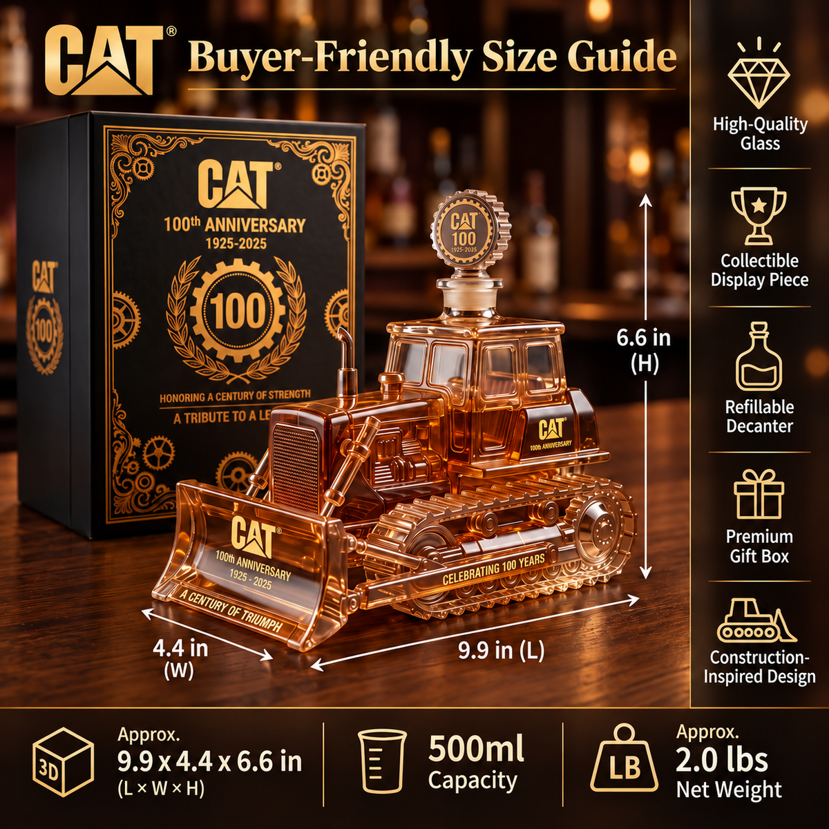 CAT 100th Anniversary Bulldozer Crystal Whiskey Decanter
