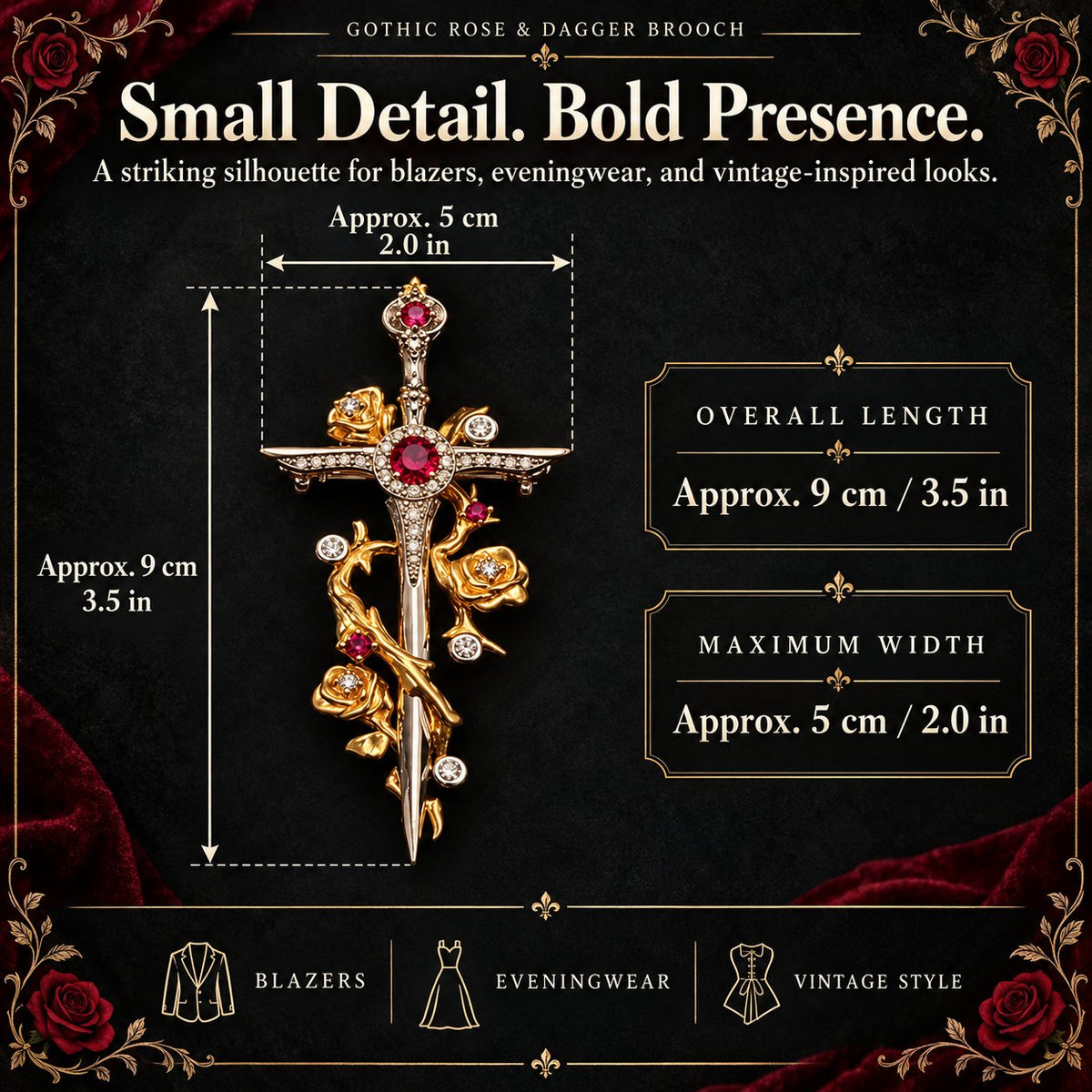 π₯ Gothic Rose & Dagger Brooch | Sculpted Golden Roses β’ Silver-Tone Blade β’ Ruby-Red Accents π‘οΈ