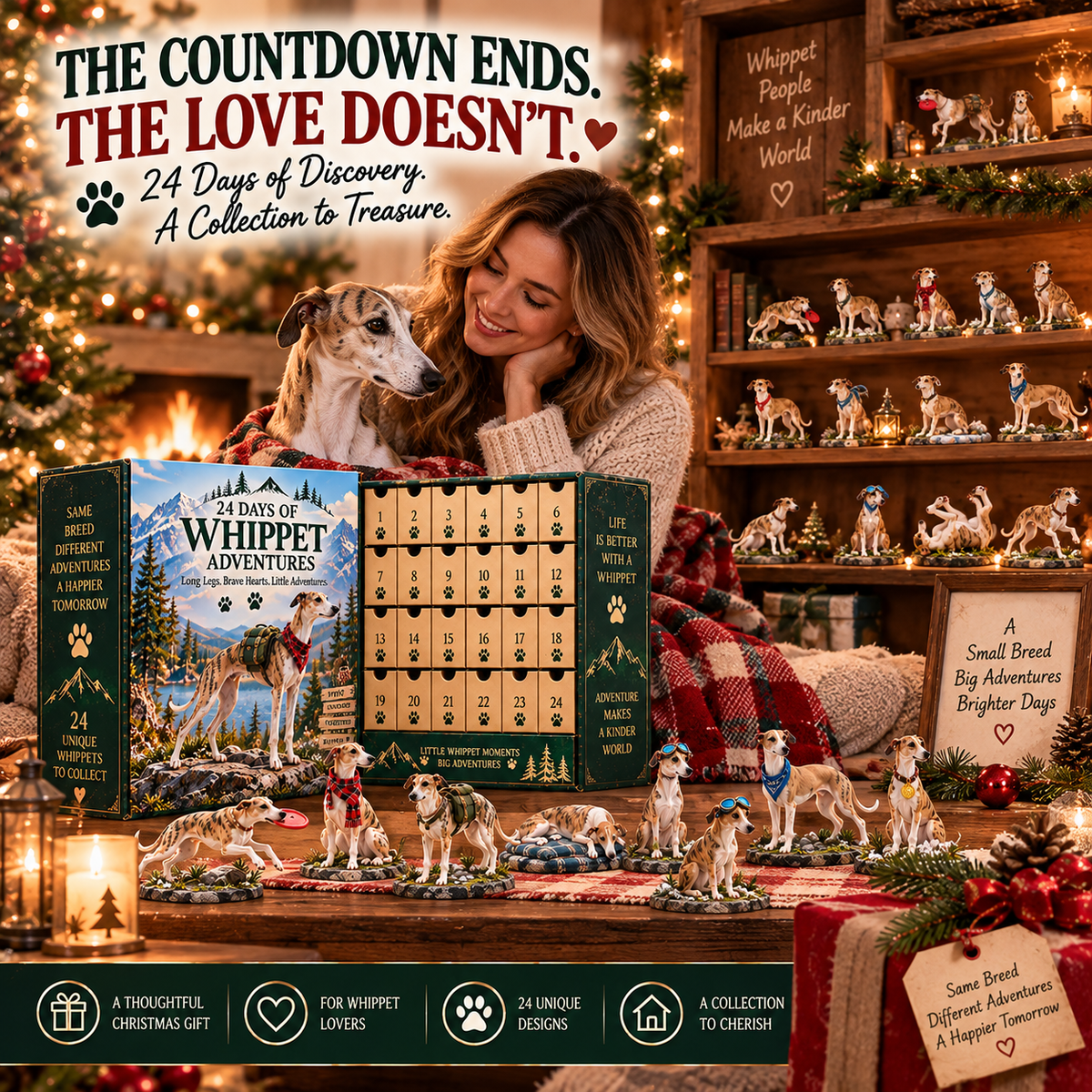 🐾 24 Days of Whippet Adventures – 💛Christmas Advent Calendar | 24 Unique Dog Collectible Figurines