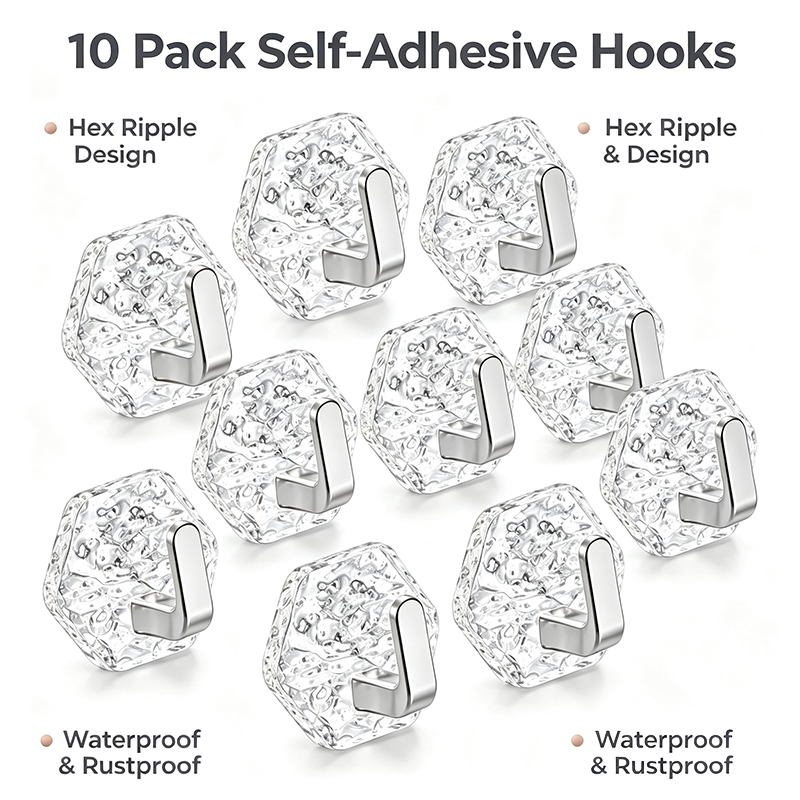 AA Self-Adhesive Hooks 10 Pack, Hex Ripple Heavy Duty Hooks 🚿