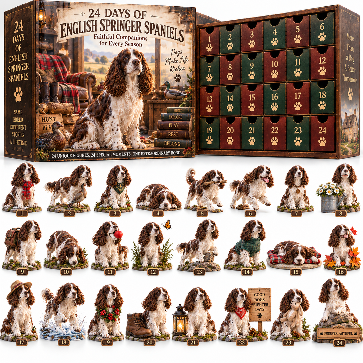 🐕🐾24 Days of English Springer Spaniel Adventures –24 Unique Collectible Dog Figurines