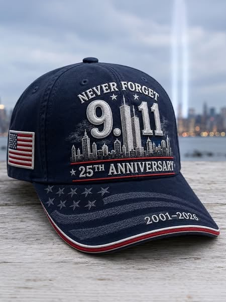 🔥🎁9/11 Never Forget 25th Anniversary Embroidered Cap – Unisex Patriotic Memorial Hat🧢