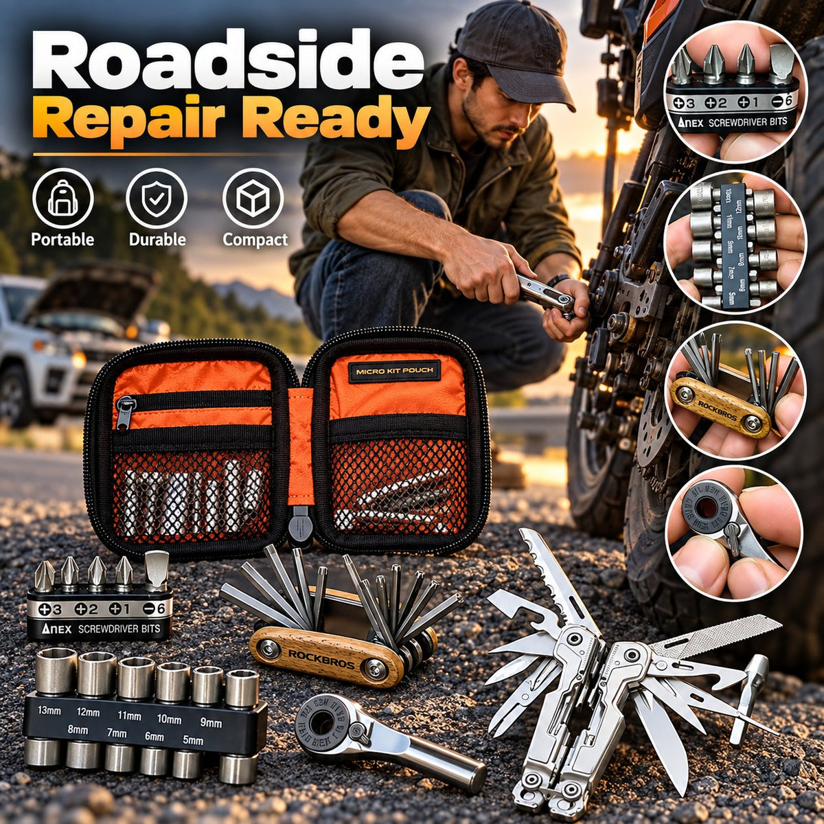 Portable EDC Repair Tool Kit, Multi-functional Hand Tool Set with Socket Wrench, Screwdriver Bits, Hex Keys & Multitool, Compact Zipper Storage Pouch