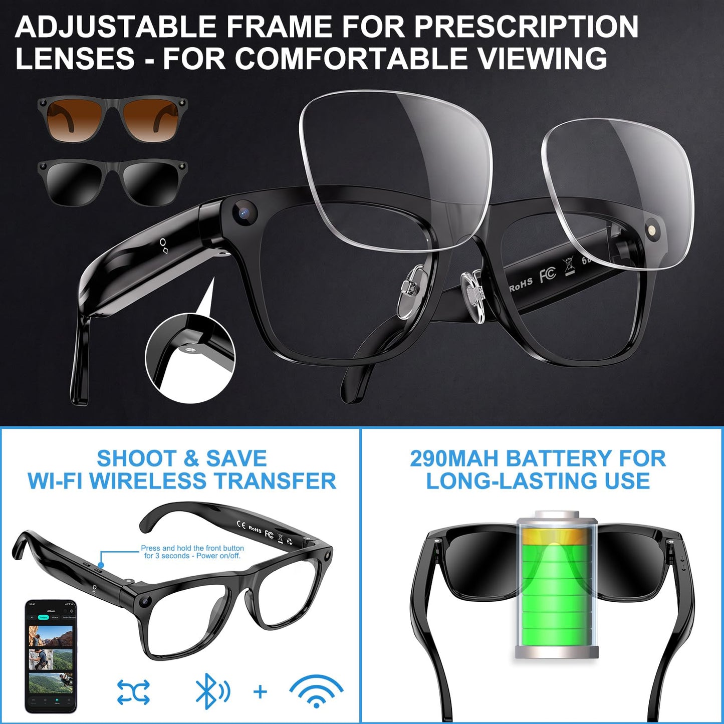 AI Smart Glasses with 4K Camera, Real-Time Translation & Open-Ear Audio