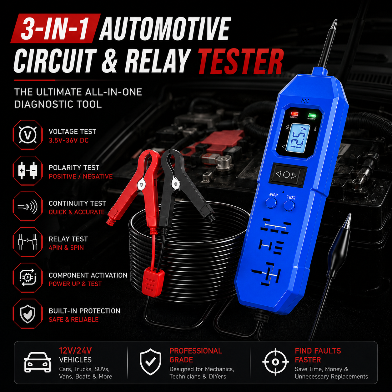 ๐3-in-1 Automotive Power Circuit Probe & Relay Tester โ 12V/24V Electrical Diagnostic Tool