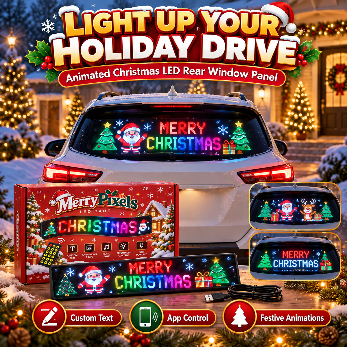 🎄 Animated Christmas LED Rear Window Panel – App Controlled Car Display