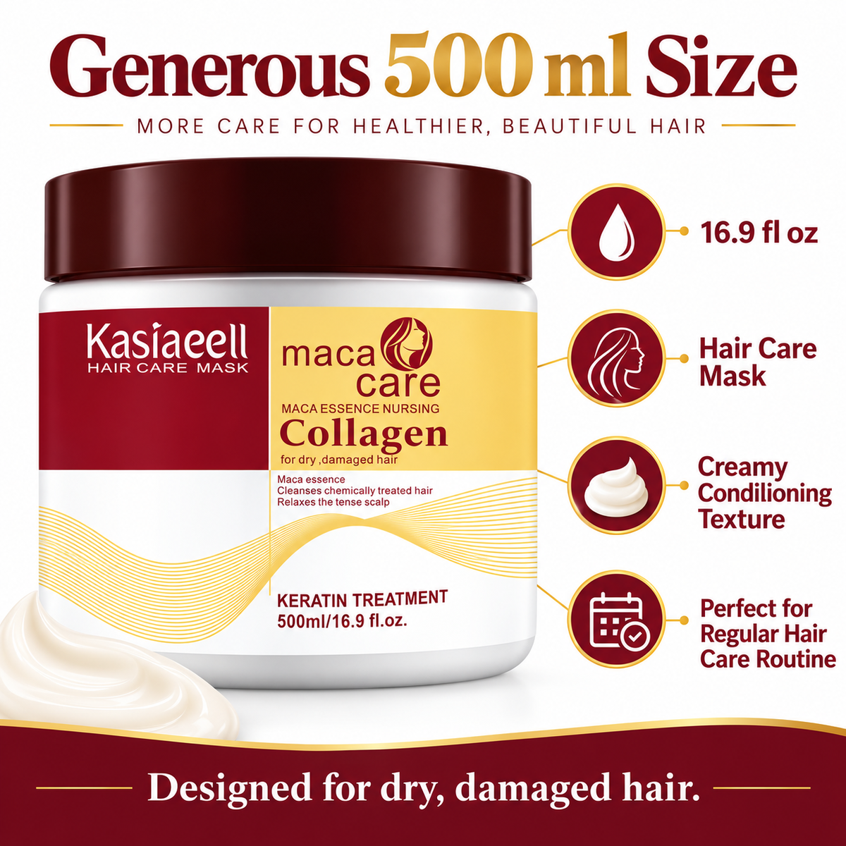 ✨ Collagen Hair Mask with Maca Essence, 500ml / 16.9 fl oz – Deep Conditioning Keratin Treatment for Dry, Damaged & Chemically Treated Hair, Moisturizing Hair Care Mask 💛