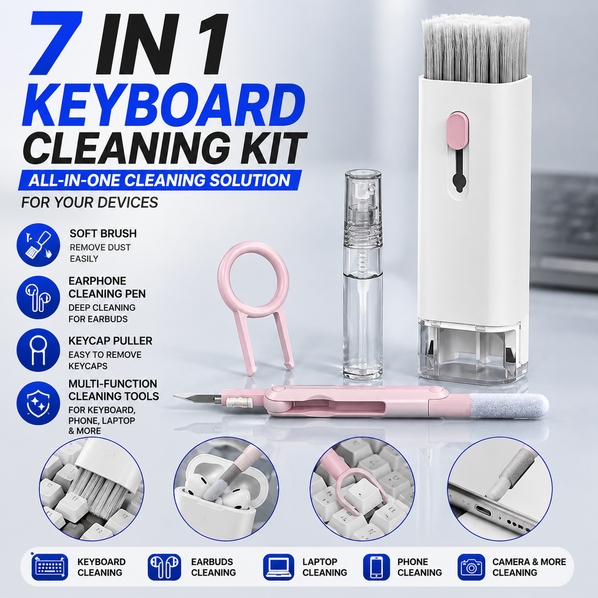 7-in-1 Keyboard Cleaning Kit – Multi-Function Cleaning Brush & Earphone Cleaning Tool