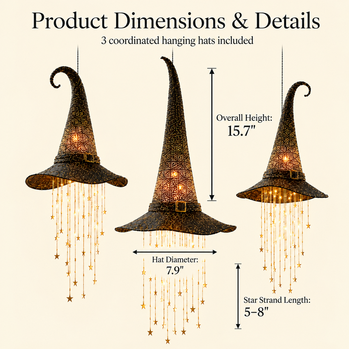 Lighted Witch Hat Set with Cascading Stars