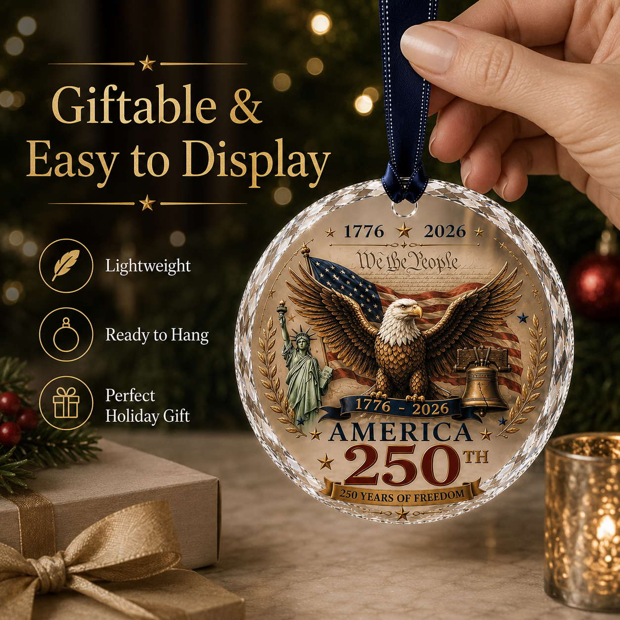 🦅 America 250 Glass Ornament – Patriotic Christmas Keepsake, 250th Anniversary Gift
