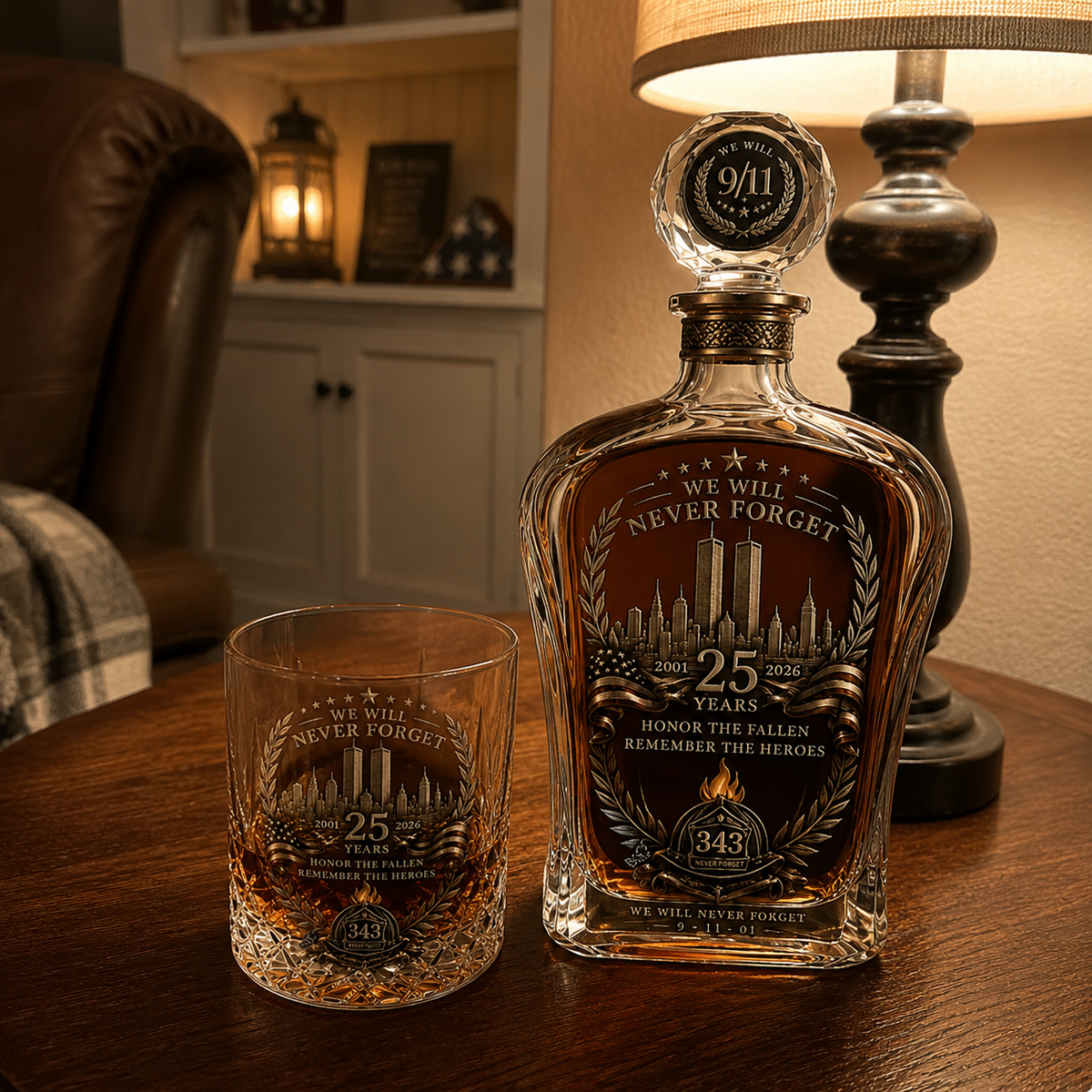 π―οΈ 9/12 25th Anniversary Memorial Whiskey Decanter & Glass Gift Set β We Will Never Forget 343 Heroes Tribute