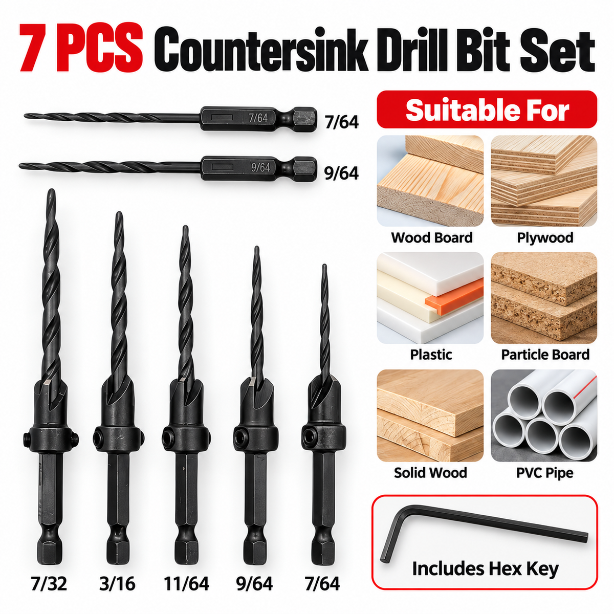 15-Piece Countersink Drill Bit Set β 1/4' Hex Shank, Depth Stop & Quick-Change Design