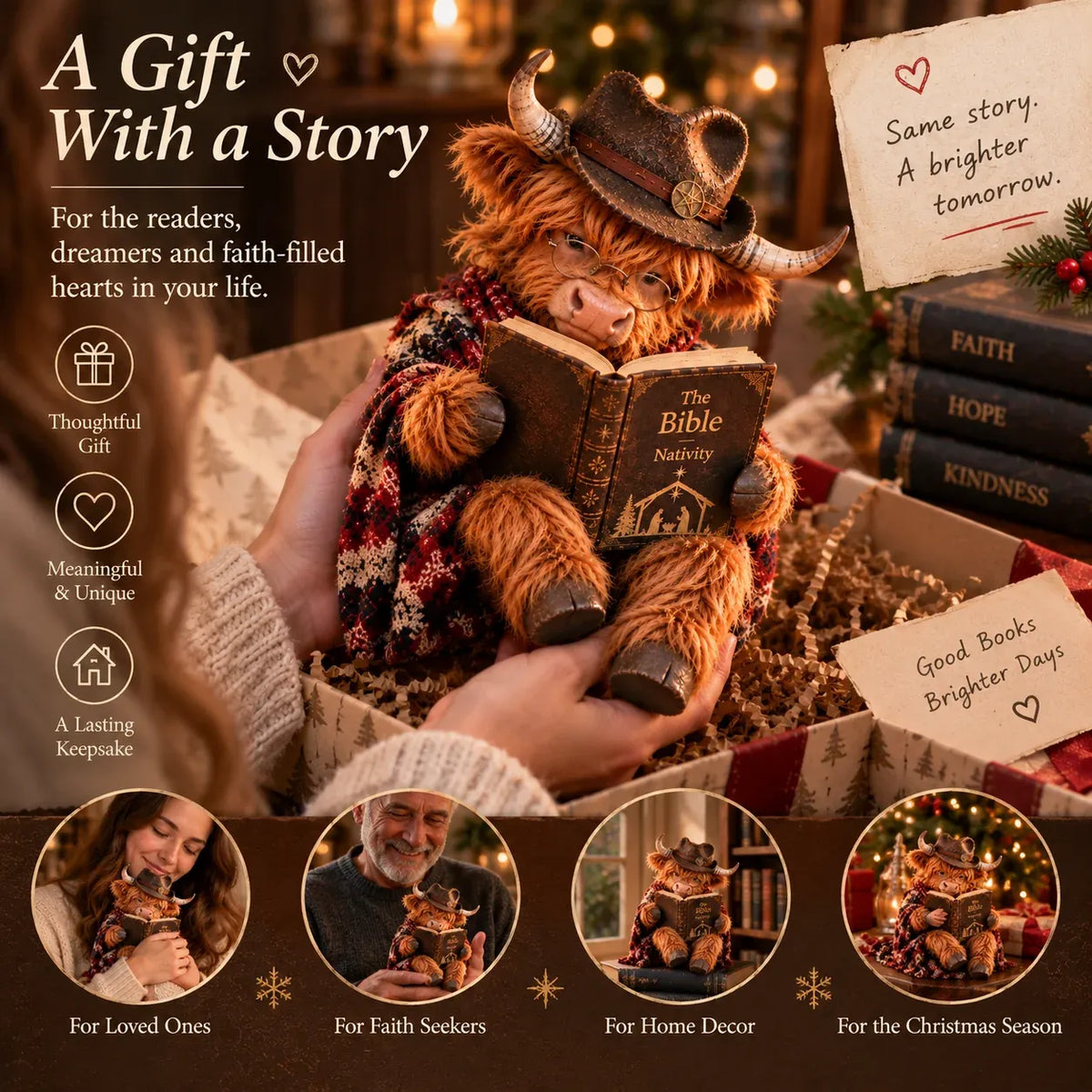 ๐ฎ Highland Cow Bible Nativity Figurine | Bookish Christmas Faith Dรฉcor for Shelves, Desks & Meaningful Gifts ๐