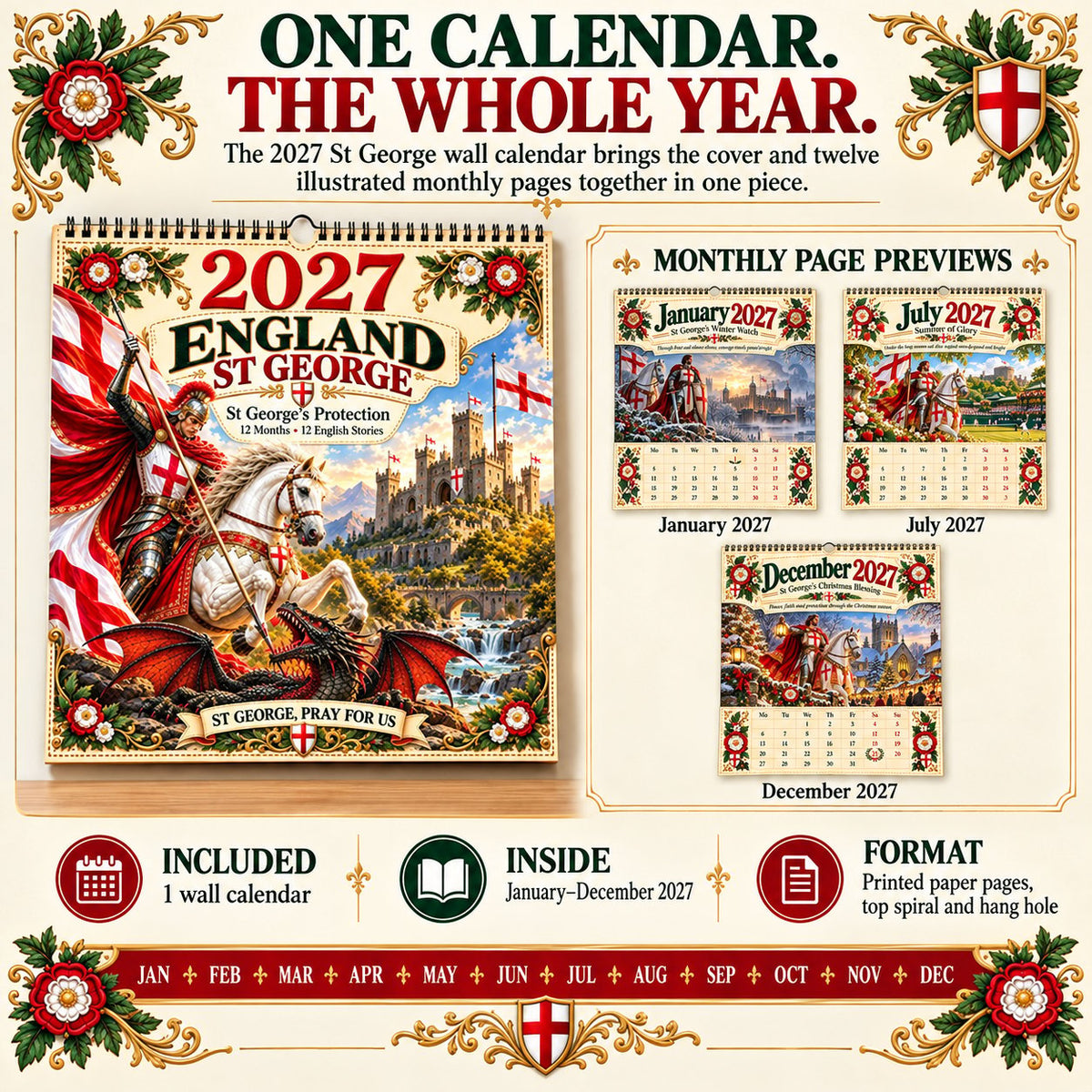 🛡️ 2027 England St. George Wall Calendar – 12 Illustrated Monthly Scenes Celebrating Faith, Courage & Heritage 🇬🇧