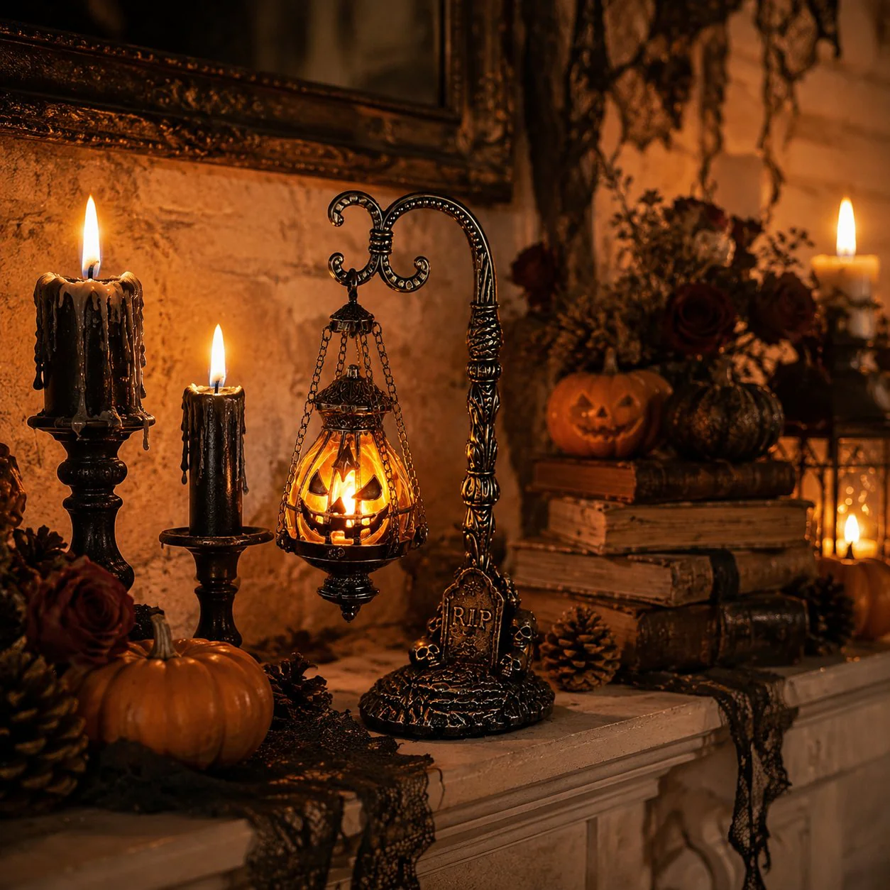 🔥Halloween Early Bird Sale🎃 Gothic Pumpkin Lantern Stand | Warm Orange LED Glow, Victorian Skull Details & Haunted Shelf Decor 🕯️