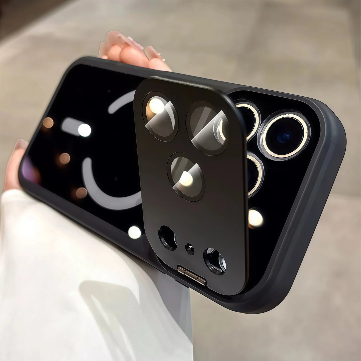 Magnetic case with skin-friendly finish and integrated camera-lens kickstand for iPhone 17 ProMax
