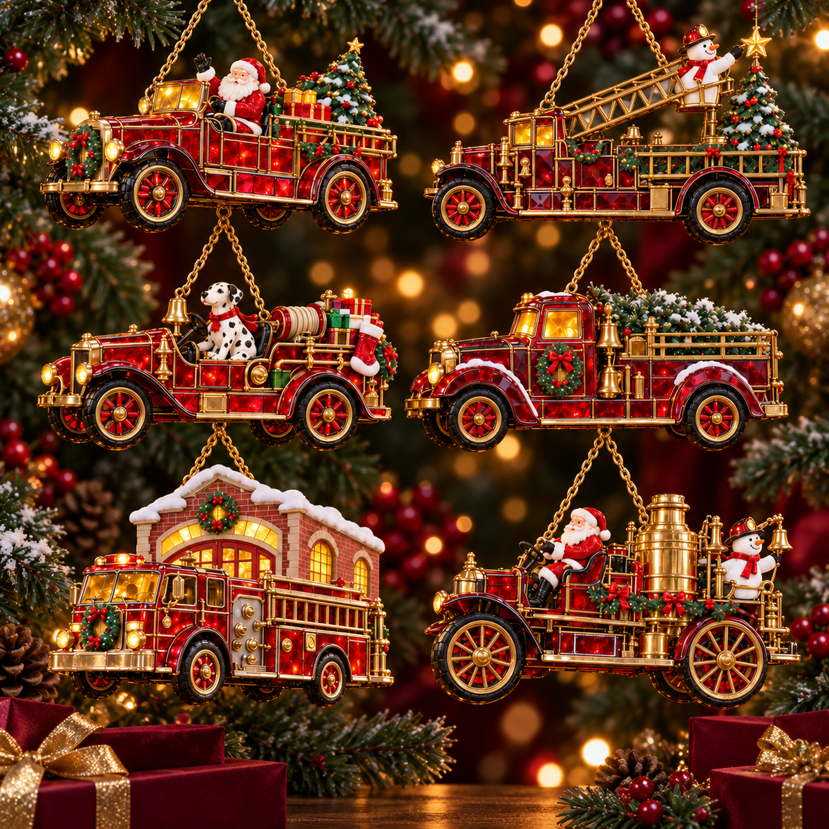 2026 Vintage Fire Truck Christmas Ornaments โ Set of 6 | Stained-Glass Style with Festive Holiday Scenes & Golden Accents