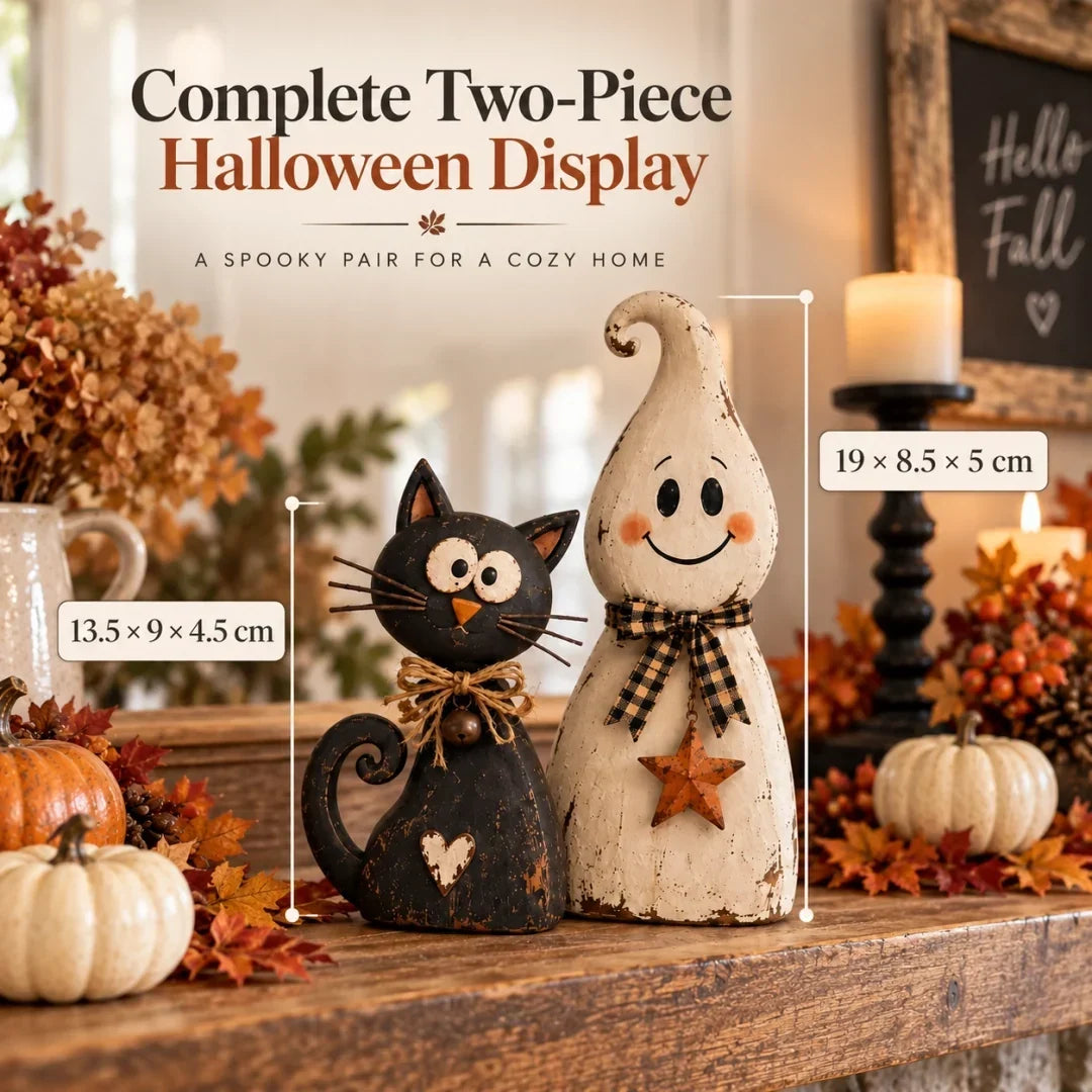 🐈⬛ Ghost & Black Cat Halloween Figurines – Vintage-Inspired Decor