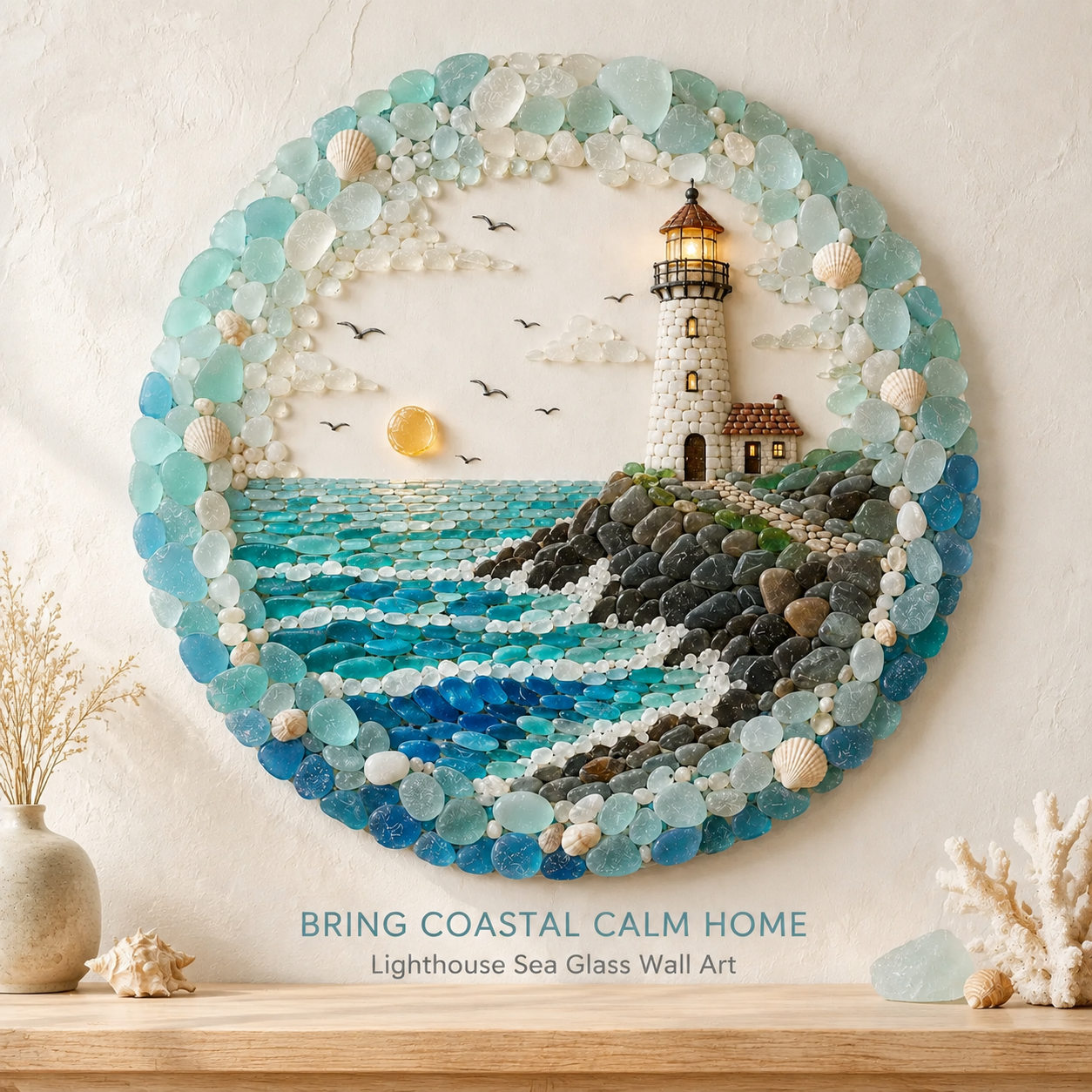 🌊 Coastal Lighthouse Pebble Wall Art with Textured Ocean Stone Design