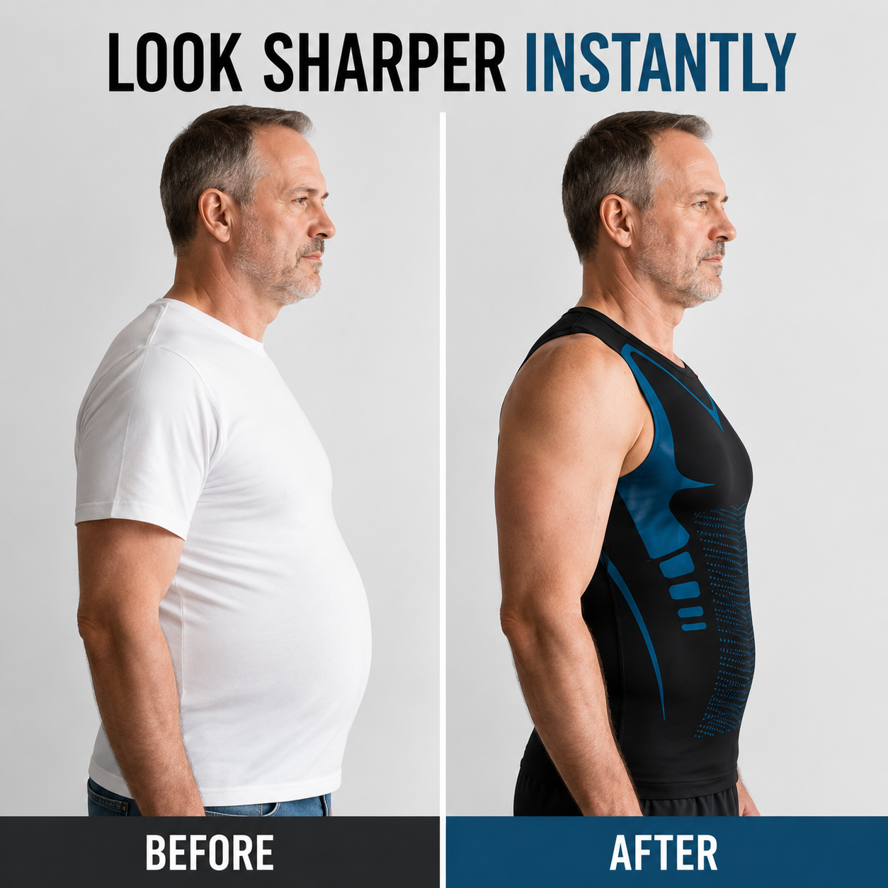 Before and after compression vest torso smoothing comparison