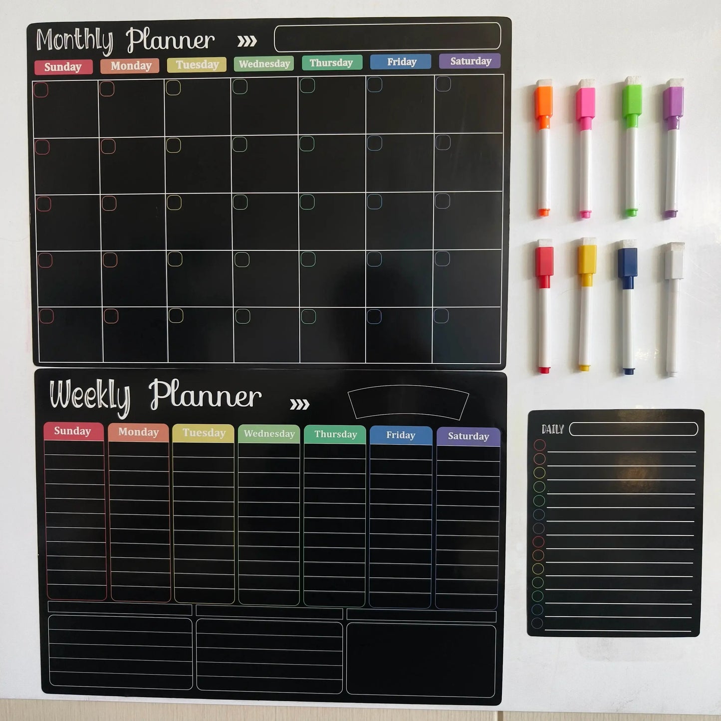 ✨Black Dry Erase Boards Set - 3 Magnetic Boards for Refrigerator, Monthly, Weekly Organizer & Daily Notepad 🧲