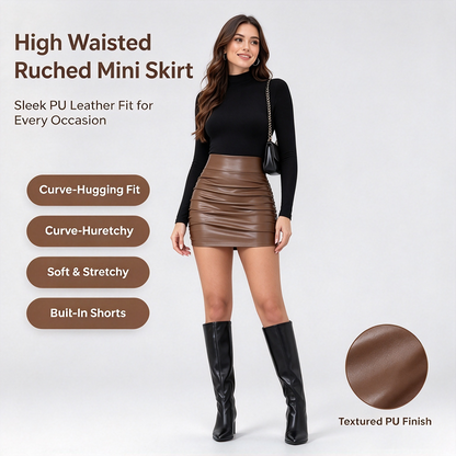 High Waisted Tummy Control Ruched Curved Hem 2-in-1 Fleece PU Mini Bodycon Skirt 🖤
