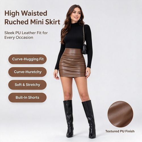 High Waisted Tummy Control Ruched Curved Hem 2-in-1 Fleece PU Mini Bodycon Skirt 🖤