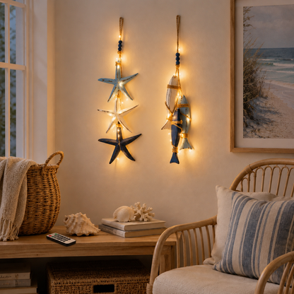 🐟🌊Lighted Coastal Wooden Starfish & Fish Hanging Decor