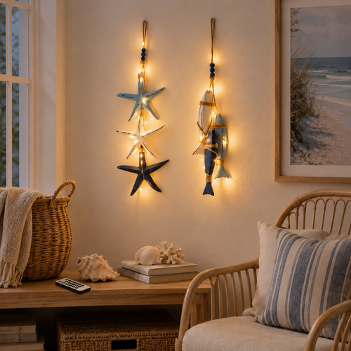 🐟🌊Lighted Coastal Wooden Starfish & Fish Hanging Decor