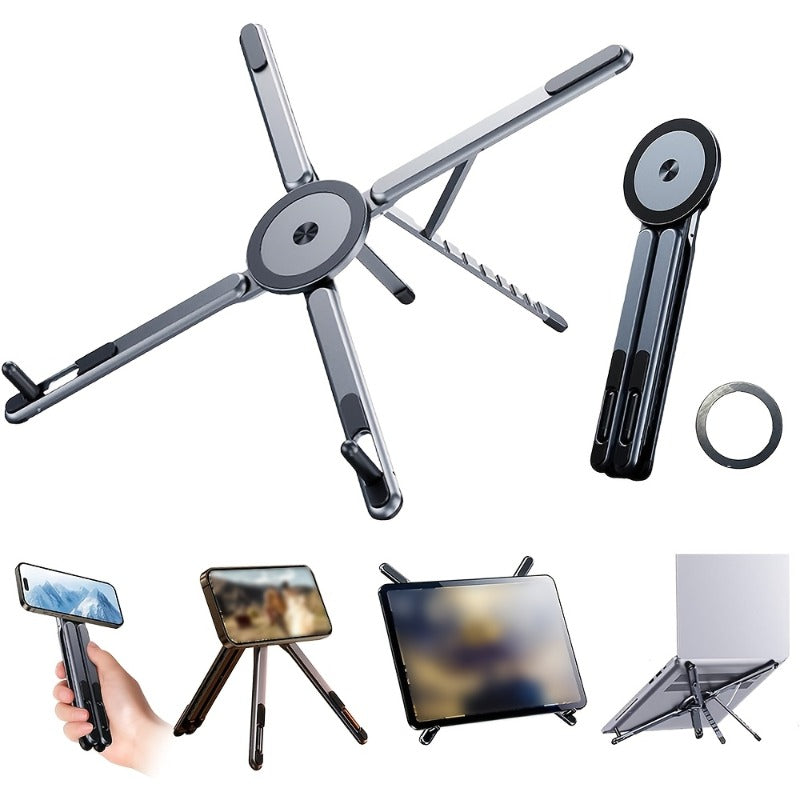 3-in-1 Magnetic Phone Stand | Foldable Aluminum Desktop Holder for Phone, Tablet &amp; Laptop | 8-Level Adjustable Angle | Strong Magnetic Mount
