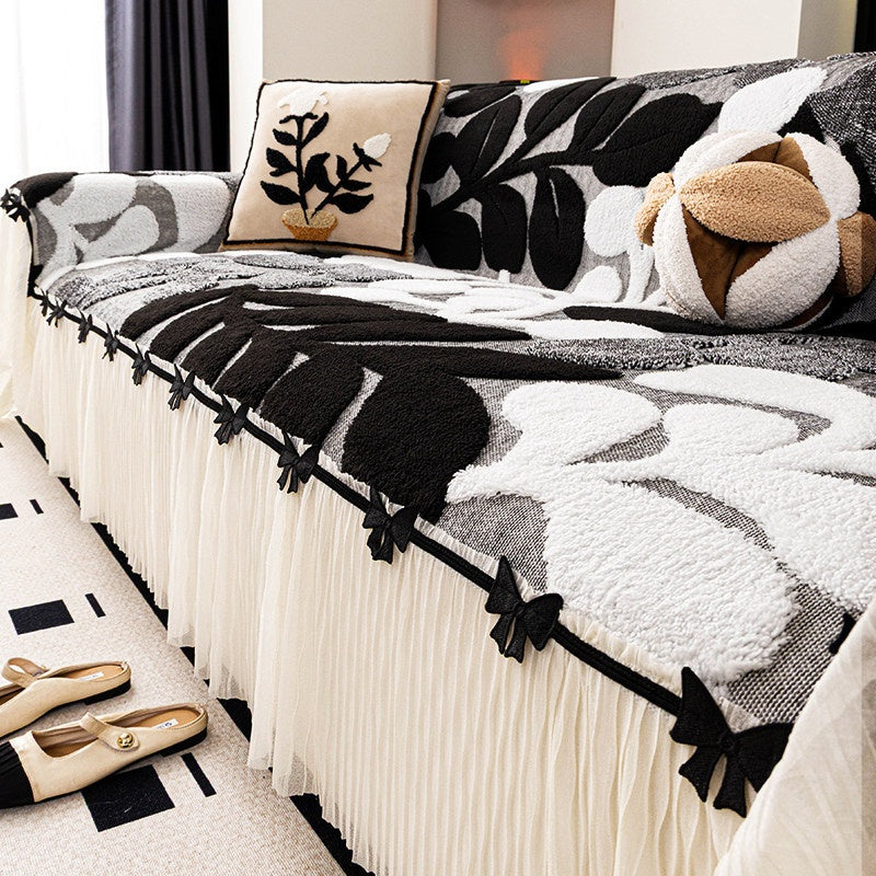 Black Botanical Plush Sofa Cover