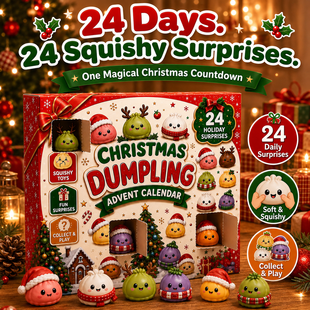 🎄 24-Day Christmas Dumpling Squishy Advent Calendar – 24 Mini Surprise Toys
