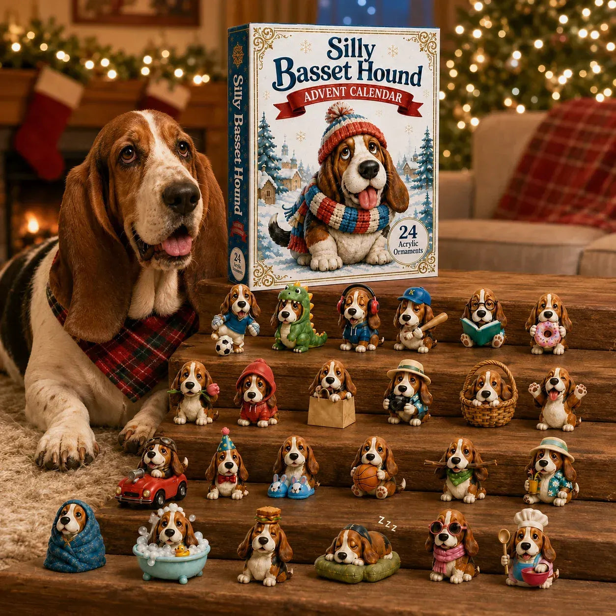 ⏳ Last Day 49% OFF – 🐶 2026 Silly Basset Hound Advent Calendar | 24 Unique No-Repeat Ornaments with Festive Floppy-Eared Characters 🎄