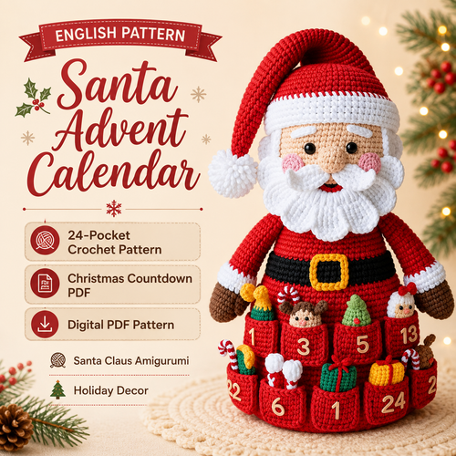 Santa Advent Calendar Crochet Pattern PDF, Christmas Countdown Crochet, Santa Claus Amigurumi, 24 Pocket Advent Calendar, Holiday Decor