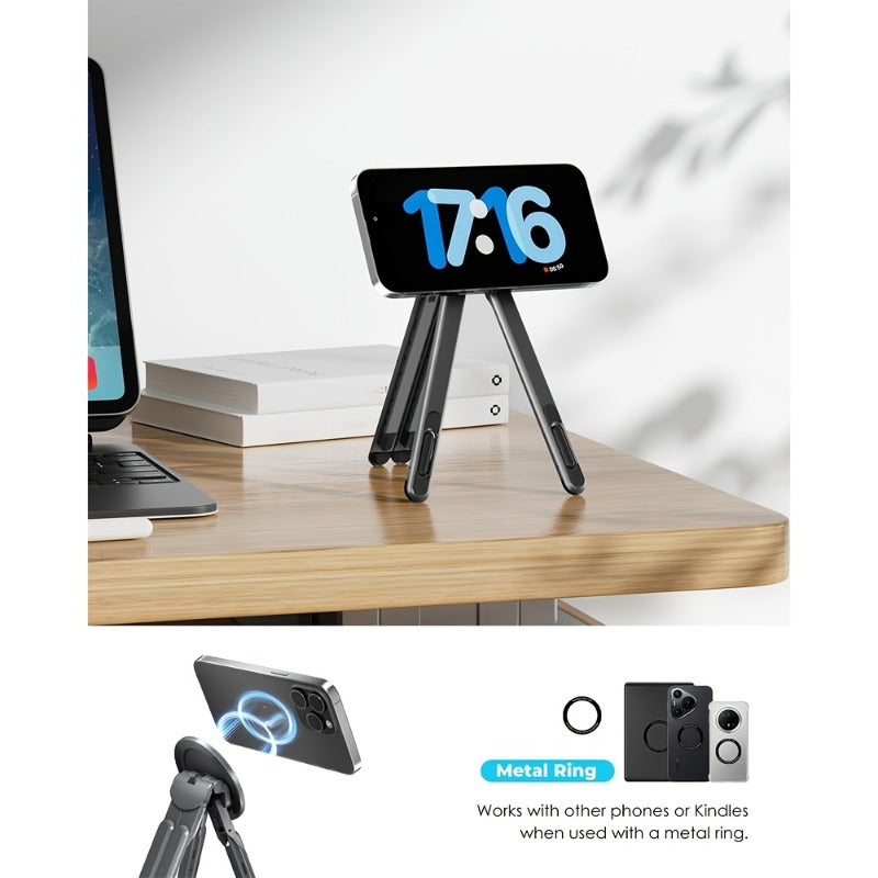 3-in-1 Magnetic Phone Stand | Foldable Aluminum Desktop Holder for Phone, Tablet &amp; Laptop | 8-Level Adjustable Angle | Strong Magnetic Mount