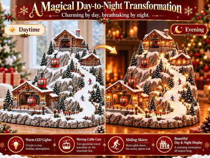 Animated Christmas Mountain Cable Car & Ski Village Scene ✨