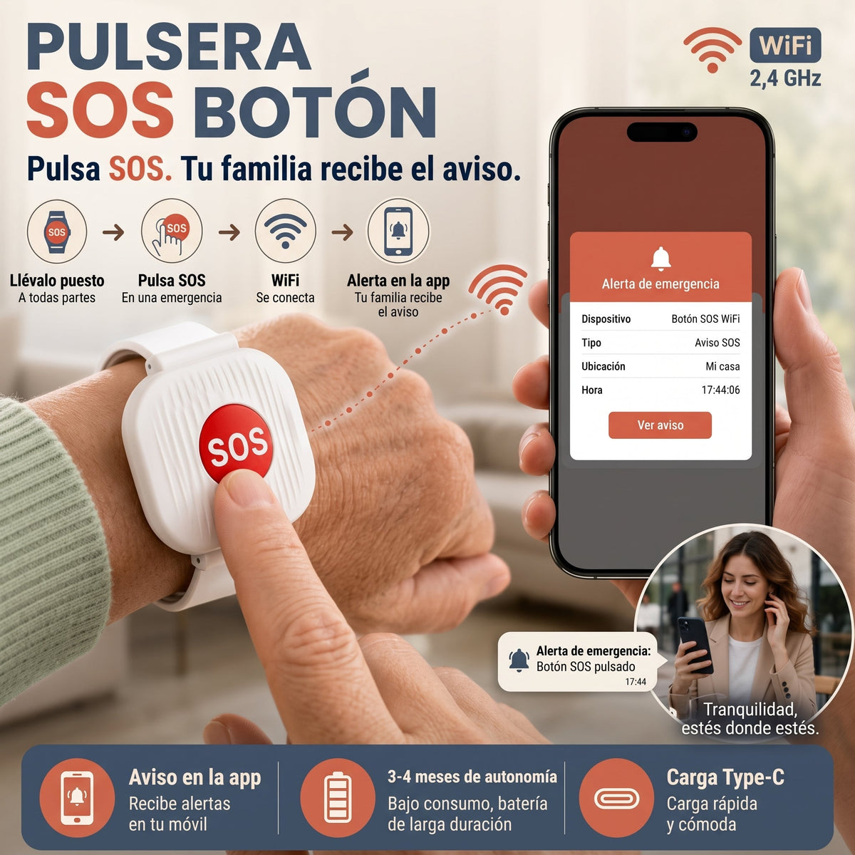 🚨⌚ Pulsera SOS WiFi para Mayores – Aviso Instantáneo a la Familia 📲💙 Un botón. Un aviso. Más tranquilidad para todos.