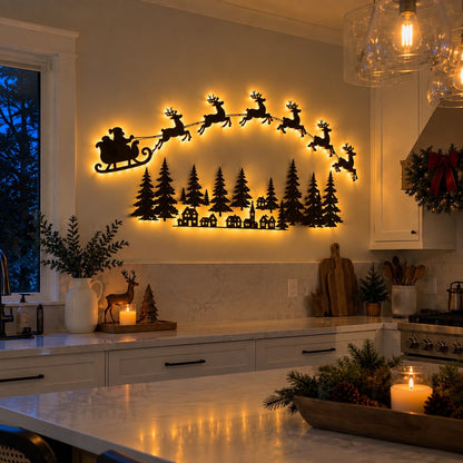LED illuminated wall decorations featuring Santa Claus and his reindeer