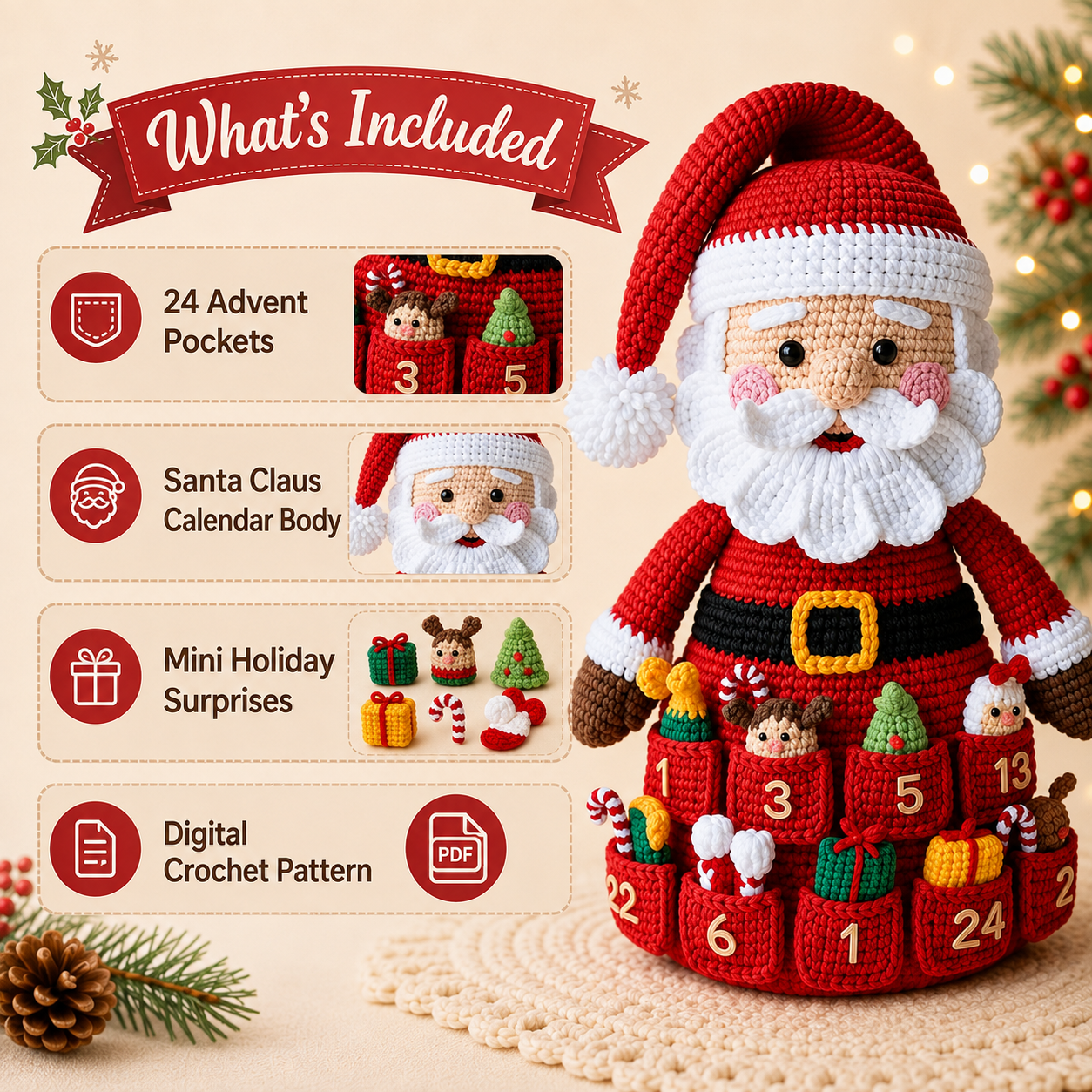Santa Advent Calendar Crochet Pattern PDF, Christmas Countdown Crochet, Santa Claus Amigurumi, 24 Pocket Advent Calendar, Holiday Decor