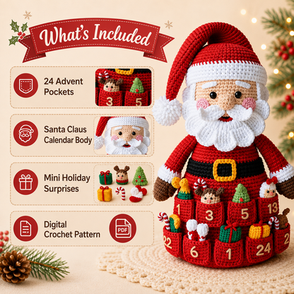 Santa Advent Calendar Crochet Pattern PDF, Christmas Countdown Crochet, Santa Claus Amigurumi, 24 Pocket Advent Calendar, Holiday Decor