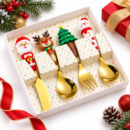 🎅 Christmas Character Cutlery Gift Set – 4-Piece Stainless Steel Flatware